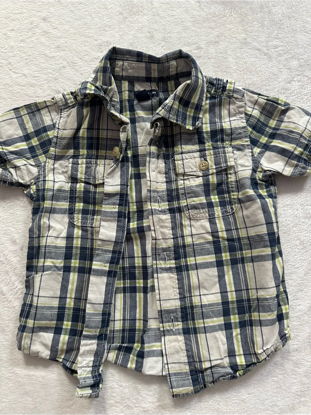 Baby Gap Plaid Short Sleeve Button Up Shirt White Blue Boys Size 18-24 Months